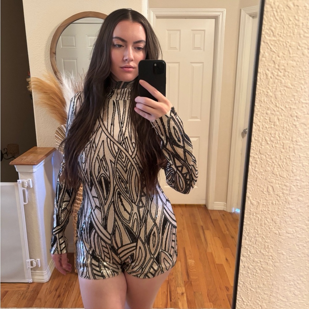 Chic Black and Cream Patterned Romper